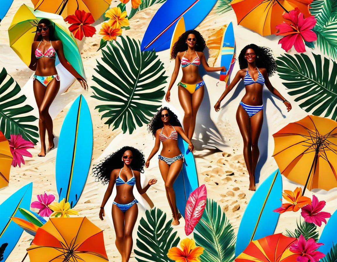 A lively beach scene featuring diverse models showcasing the latest Brazilian bikini trends, surrounded by bright tropical flowers and palm trees. The sun shines brightly, casting playful shadows in the sand. Colorful beach umbrellas and surfboards add vibrant accents to the composition, capturing the essence of a sizzling summer vibe. Energetic waves crash in the background. 3D. vibrant colors. tropical theme.