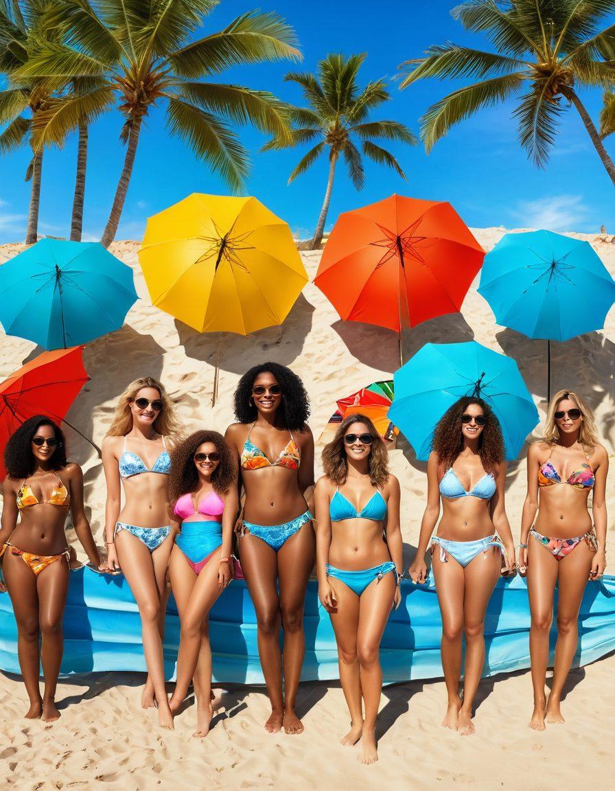 A vibrant beach scene showcasing a diverse group of fashionable women in trendy Brazilian bikinis, sunbathing and posing on a sandy shore. Incorporate colorful beach umbrellas, crystal clear blue waves, and palm trees swaying in the background. The sun is shining brightly, casting golden light on their sun-kissed skin, adding to the summery vibe. Emphasize the elegance and style of the bikinis through playful poses and cheerful expressions. super-realistic. vibrant colors. beach setting.